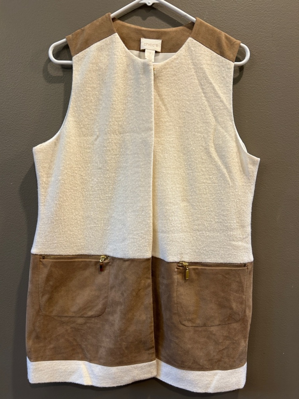 Chicos Wool Faux Suede Long Vest Cream Brown Snap Front size Medium